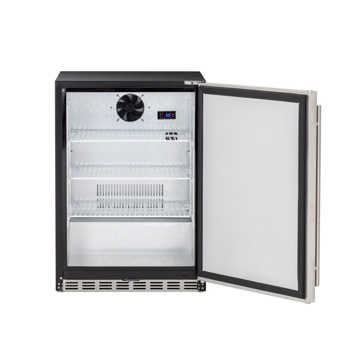 Stono Outdoor Living The TrueFlame 24" 5.1 Cu. Ft. Outdoor Rated Refrigerator (Right Hinge) features a stainless steel finish, two wire shelves, an interior light, a temperature control panel, and a spacious interior—ideal for modern outdoor spaces.