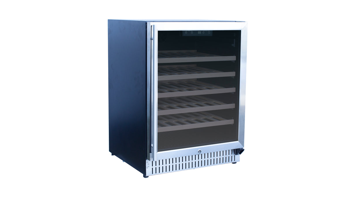 Stono Outdoor Living The TrueFlame 24" 5.3 Cu. Ft. Outdoor Rated Single Zone Wine Cooler (AMD-RFR-24W) offers stylish outdoor refrigeration with a stainless steel design, glass door, five wooden shelves, and a top digital control panel—ideal for premium outdoor kitchens.