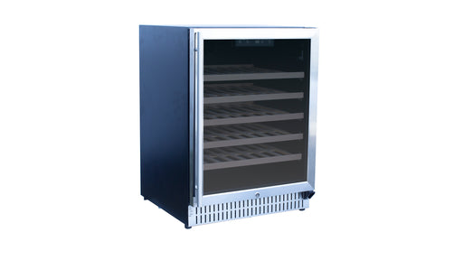 Stono Outdoor Living The TrueFlame 24" 5.3 Cu. Ft. Outdoor Rated Single Zone Wine Cooler (AMD-RFR-24W) offers stylish outdoor refrigeration with a stainless steel design, glass door, five wooden shelves, and a top digital control panel—ideal for premium outdoor kitchens.