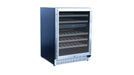 Stono Outdoor Living The TrueFlame 24" 5.3 Cu. Ft. Outdoor Rated Dual Zone Wine Cooler (AMD-RFR-24WD) features stainless steel and glass construction with multiple shelves, ideal for outdoor kitchens, shown angled against a white background.