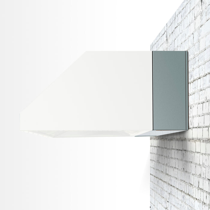 Stono Outdoor Living The TrueFlame 8" Spacer Bracket for 36" Outdoor Vent Hood (TF-VH36-2-SP8) by TrueFlame is mounted on a white brick wall, showcasing a modern, minimalist look against a clean, white background.