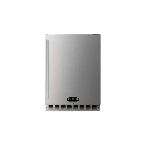 Stono Outdoor Living The Wildfire Outdoor Living 15” Outdoor Fridge (WFR15) features a 3.2 cu. ft. stainless steel solid door, left-hinged vertical handle, and a bottom vented kickplate, displayed against a white background.
