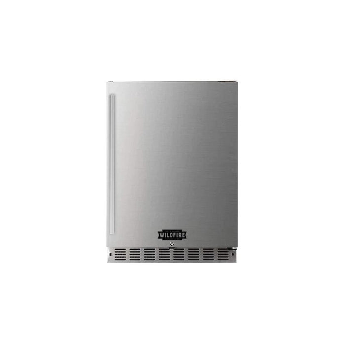 Stono Outdoor Living The Wildfire Outdoor Living 15” Outdoor Fridge (WFR15) features a 3.2 cu. ft. stainless steel solid door, left-hinged vertical handle, and a bottom vented kickplate, displayed against a white background.
