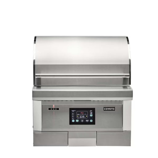 Stono Outdoor Living The Coyote 28" Pellet Grill - C2P28 features stainless steel construction, a closed lid, advanced digital control panel with LED display, and is perfect for precision outdoor cooking. Product shown against a white background.