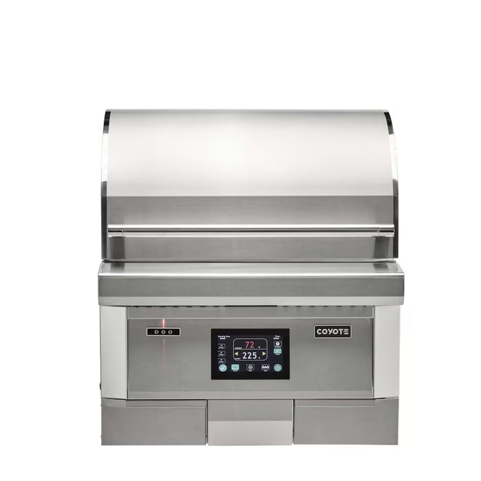 Stono Outdoor Living The Coyote 28" Pellet Grill - C2P28 features stainless steel construction, a closed lid, advanced digital control panel with LED display, and is perfect for precision outdoor cooking. Product shown against a white background.
