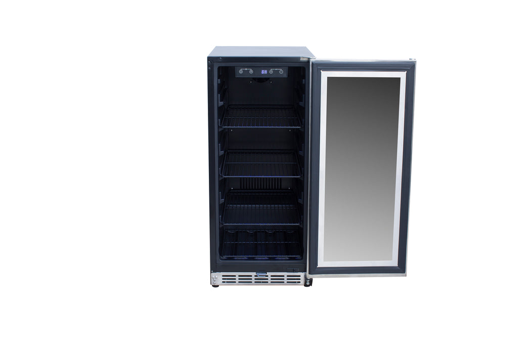 Stono Outdoor Living The TrueFlame 15" 3.2 Cu. Ft. Outdoor Rated Refrigerator (AMD-RFR-15G) by TrueFlame, featuring a black finish and glass door, is shown open with empty shelves against a plain white background.