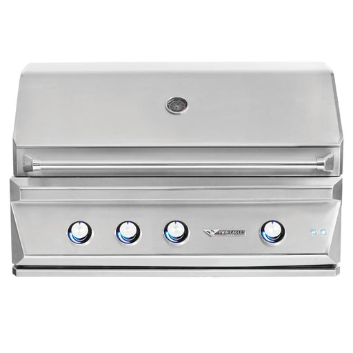 Stono Outdoor Living The Twin Eagles 42-Inch 3-Burner Built-In Natural Gas Grill (TEBQ42RS-CN) features a sear zone, infrared rotisserie burner, Five-Part Grilling System, four blue-lit knobs, and a closed lid with built-in thermometer for precision cooking.