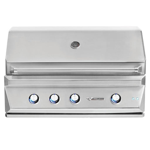 Stono Outdoor Living The Twin Eagles 42-Inch 3-Burner Built-In Propane Gas Grill (TEBQ42RS-CL) features blue-lit control knobs, a centered built-in thermometer, powerful stainless steel burners, sear zone, and an infrared rotisserie burner.