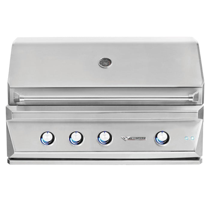 Stono Outdoor Living The Twin Eagles 30-Inch 2-Burner Built-In Natural Gas Grill (TEBQ30RS-CN) features blue-lit control knobs, a closed lid with a temperature gauge, and the innovative Five-Part Grilling System for precision grilling.