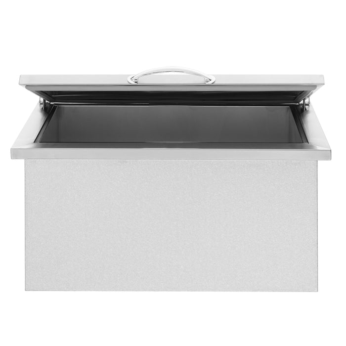 Stono Outdoor Living The TrueFlame 28x26" 2.7c Drop-in Cooler (AMD-IC-28-A) features a stainless steel exterior, an open lid with a metal handle, and a spacious, empty interior—ideal for keeping items chilled.