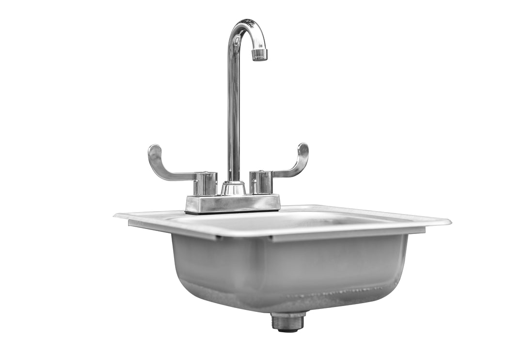 Stono Outdoor Living The TrueFlame 15x15" Drop-in Sink (TF-NK-15D) by TrueFlame features a stainless steel design with a tall, curved faucet and dual lever handles, perfect for bar prep stations, shown against a white background.