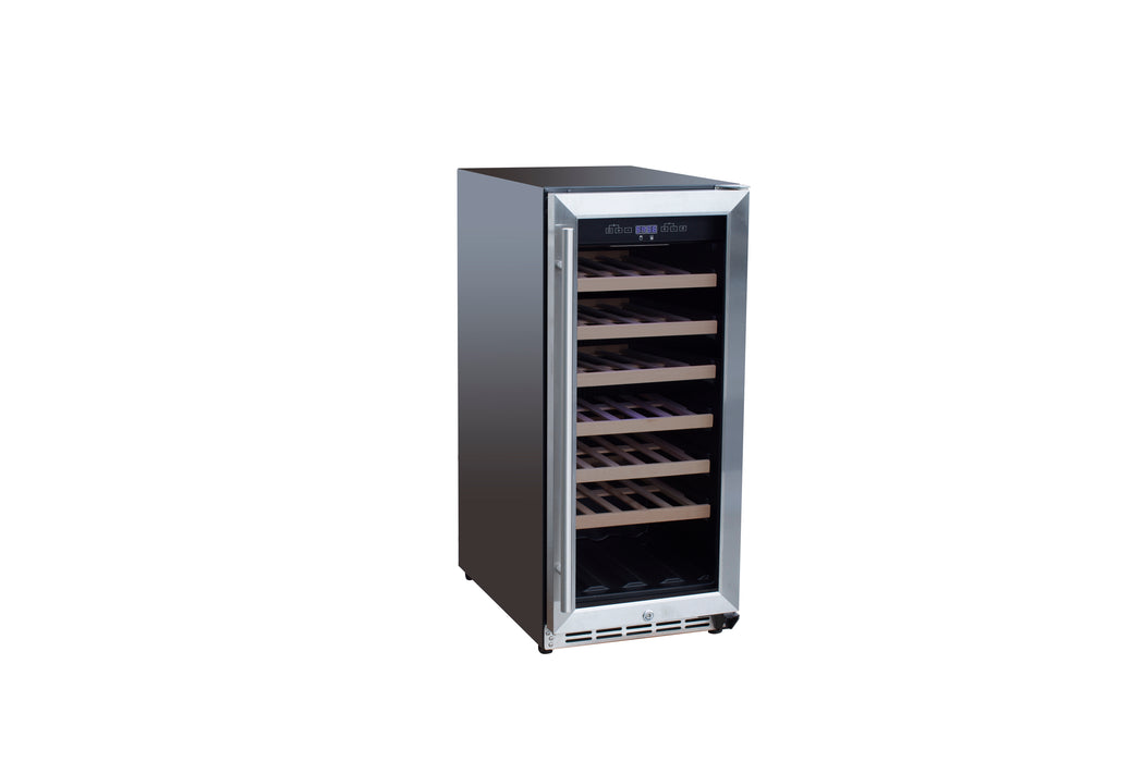 Stono Outdoor Living The TrueFlame 15" 3.2 Cu. Ft. Outdoor Rated Single Zone Wine Cooler (AMD-RFR-15W) features a stainless steel build, glass door, digital display, and wooden shelves—ideal for complementing your outdoor kitchen with refrigerated wine storage.