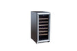 Stono Outdoor Living The TrueFlame 15" 3.2 Cu. Ft. Outdoor Rated Single Zone Wine Cooler (AMD-RFR-15W) features a stainless steel build, glass door, digital display, and wooden shelves—ideal for complementing your outdoor kitchen with refrigerated wine storage.