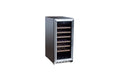 Stono Outdoor Living The TrueFlame 15" 3.2 Cu. Ft. Outdoor Rated Dual Zone Wine Cooler (AMD-RFR-15WD) features a glass door, five wooden shelves, and a sleek stainless steel design—perfect for outdoor kitchens and shown elegantly on a white background.