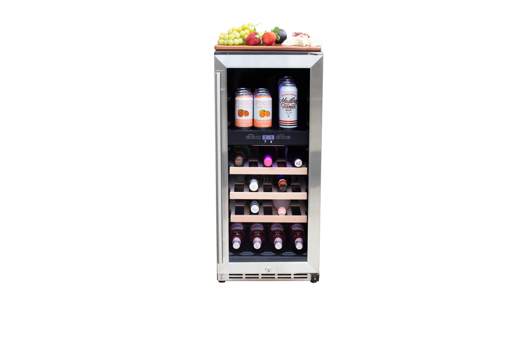 Stono Outdoor Living The TrueFlame 15" 3.2 Cu. Ft. Outdoor Rated Single Zone Wine Cooler (AMD-RFR-15W) by TrueFlame, shown stocked with drinks and topped with fresh fruits, is ideal for outdoor kitchens—all set against a white background.
