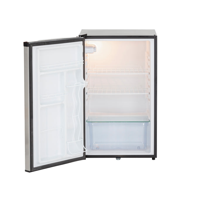 Stono Outdoor Living The TrueFlame 22" 4.1c Deluxe Outdoor Fridge (AMD-RFR-22D) features three shelves, a clear drawer, door storage, and interior lighting—ideal for outdoor kitchens with an upgraded stainless steel door and handle.