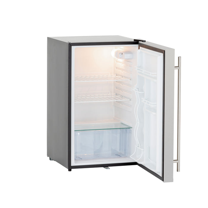 Stono Outdoor Living The TrueFlame 22" 4.1c Deluxe Outdoor Approved Fridge (AMD-RFR-22D) features a modern stainless steel door, clear drawer, interior light, and open shelves—perfect for outdoor kitchens or refrigeration needs.