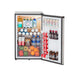 Stono Outdoor Living The TrueFlame 22" 4.1c Outdoor Approved Fridge (AMD-RFR-22S) with stainless steel, reversible door and lock is stocked with water, soda, sparkling water, assorted fruits and vegetables in the bottom drawer, and extra drinks in door shelves.