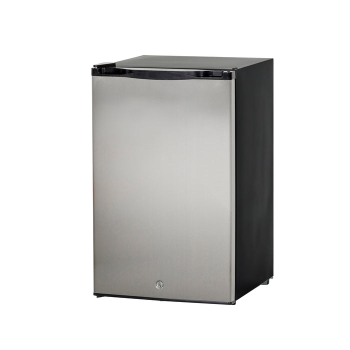 Stono Outdoor Living The TrueFlame 22" 4.1c Outdoor Approved Fridge (AMD-RFR-22S) features stainless steel doors, a black exterior, and a reversible lockable door—ideal for small spaces. Shown against a plain white background.