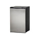 Stono Outdoor Living The TrueFlame 22" 4.1c Outdoor Approved Fridge (AMD-RFR-22S) features stainless steel doors, a black exterior, and a reversible lockable door—ideal for small spaces. Shown against a plain white background.
