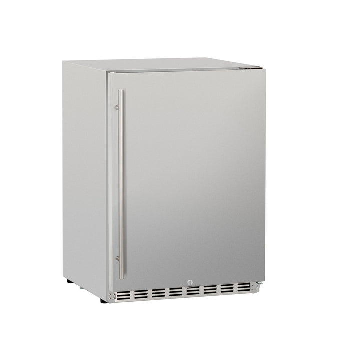 Stono Outdoor Living The TrueFlame 24" 5.3 Cu. Ft. Deluxe Outdoor Rated Refrigerator (TF-RFR-24D-R) by TrueFlame features a stainless steel single door, vertical handle, and bottom ventilation grille—perfect for built-in use—all shown against a plain white background.