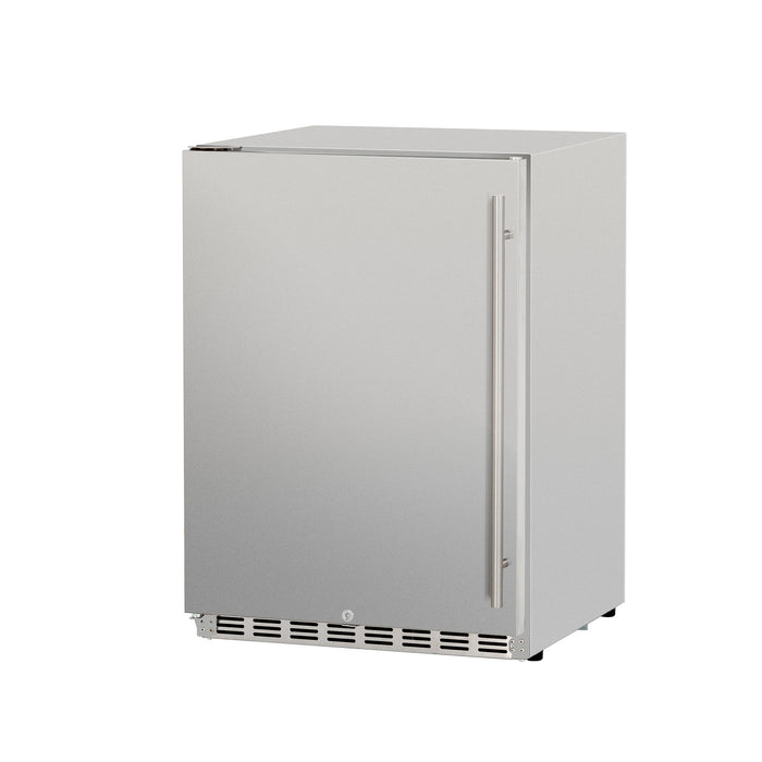 Stono Outdoor Living The TrueFlame 24" 5.3 Cu. Ft. Deluxe Outdoor Rated Refrigerator (TF-RFR-24D-R) by TrueFlame features a stainless steel single door, vertical handle, and front vent for built-in or outdoor use, shown on a white background.