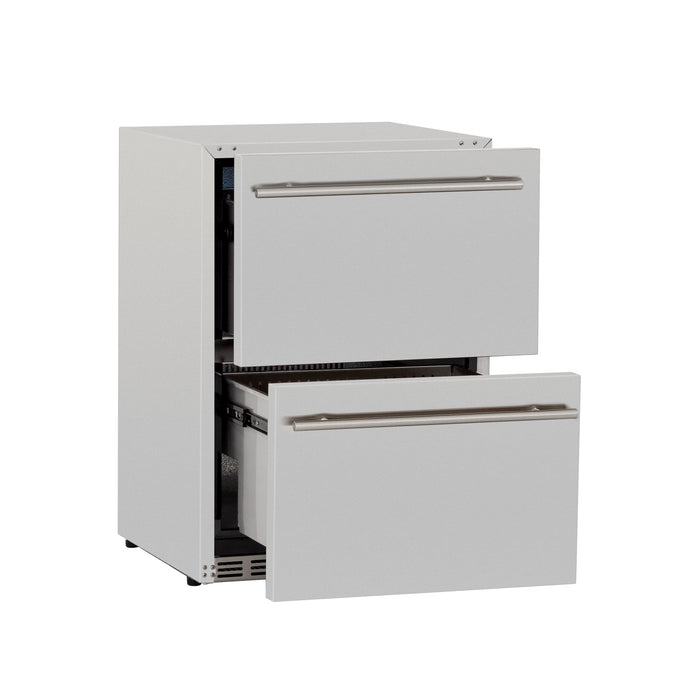 Stono Outdoor Living The TrueFlame 24" 5.1 Cu. Ft. Deluxe Outdoor Rated 2-Drawer Refrigerator (125-AMD-RFR-24DR2-A) features a sturdy white build, stainless steel handles, and partially open drawers showing spacious compartments—ideal for outdoor kitchens.