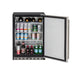 Stono Outdoor Living The TrueFlame 24" 5.1 Cu. Ft. Outdoor Rated Refrigerator (AMD-RFR-24S-B) has a right hinge, silver and black stainless steel finish, visible bottom vent, and holds cans and bottles of soda, sparkling water, beer, and wine on three shelves.