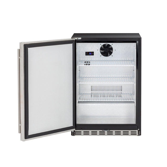 Stono Outdoor Living The TrueFlame 24" 5.1 Cu. Ft. Outdoor Rated Refrigerator (Right Hinge), model AMD-RFR-24S-B, features a stainless steel design, digital temperature display, and spacious shelves—ideal for your patio or deck.