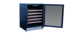 Stono Outdoor Living The TrueFlame 24" 5.3 Cu. Ft. Outdoor Rated Single Zone Wine Cooler (AMD-RFR-24W) features a glass door and five wooden shelves, making it a stylish outdoor refrigeration solution, perfect for kitchen appliances and entertaining outdoors.