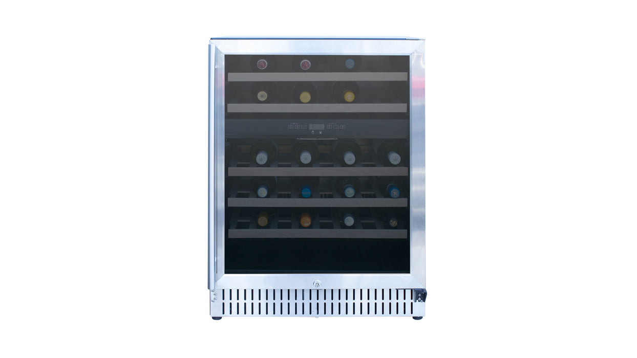 Stono Outdoor Living The TrueFlame 24" 5.3 Cu. Ft. Outdoor Rated Dual Zone Wine Cooler (AMD-RFR-24WD) features a glass door, showing bottles stored horizontally on its shelves, and is designed for outdoor kitchens.