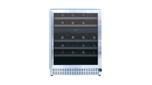 Stono Outdoor Living The TrueFlame 24" 5.3 Cu. Ft. Outdoor Rated Dual Zone Wine Cooler (AMD-RFR-24WD) features a glass door, showing bottles stored horizontally on its shelves, and is designed for outdoor kitchens.