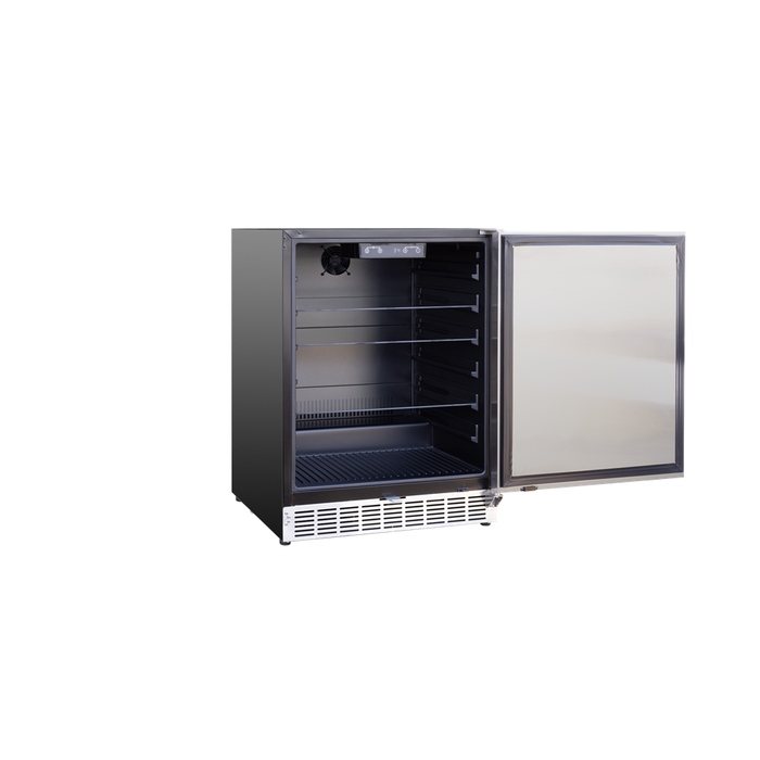 Stono Outdoor Living The TrueFlame 24" 5.0 Cu. Ft. Outdoor Rated Refrigerator (125-AMD-RFR-24S-B) with a stainless steel finish stands open, showing empty shelves and a bottom vent—ideal for any outdoor kitchen setup against a crisp white background.