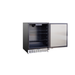 Stono Outdoor Living The TrueFlame 24" 5.0 Cu. Ft. Outdoor Rated Refrigerator (125-AMD-RFR-24S-B) with a stainless steel finish stands open, showing empty shelves and a bottom vent—ideal for any outdoor kitchen setup against a crisp white background.