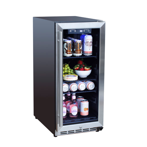 Stono Outdoor Living The TrueFlame 15" 3.2 Cu. Ft. Outdoor Rated Refrigerator with Glass Door (AMD-RFR-15G) features a digital control panel and three shelves, perfect for storing cans, bottles, fruit, and containers—an ideal choice for outdoor kitchens.