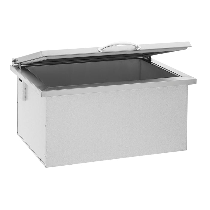 Stono Outdoor Living The TrueFlame 28x26" 2.7c Drop-in Cooler (AMD-IC-28-A) by TrueFlame is shown with its stainless steel lid open, revealing an empty interior, isolated on a white background.