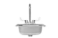 Stono Outdoor Living The TrueFlame 15x15" Drop-in Sink (TF-NK-15D) by TrueFlame is a stainless steel outdoor sink featuring a tall central faucet and two curved side handles, ideal for outdoor kitchens or bar prep stations, shown on a white background.