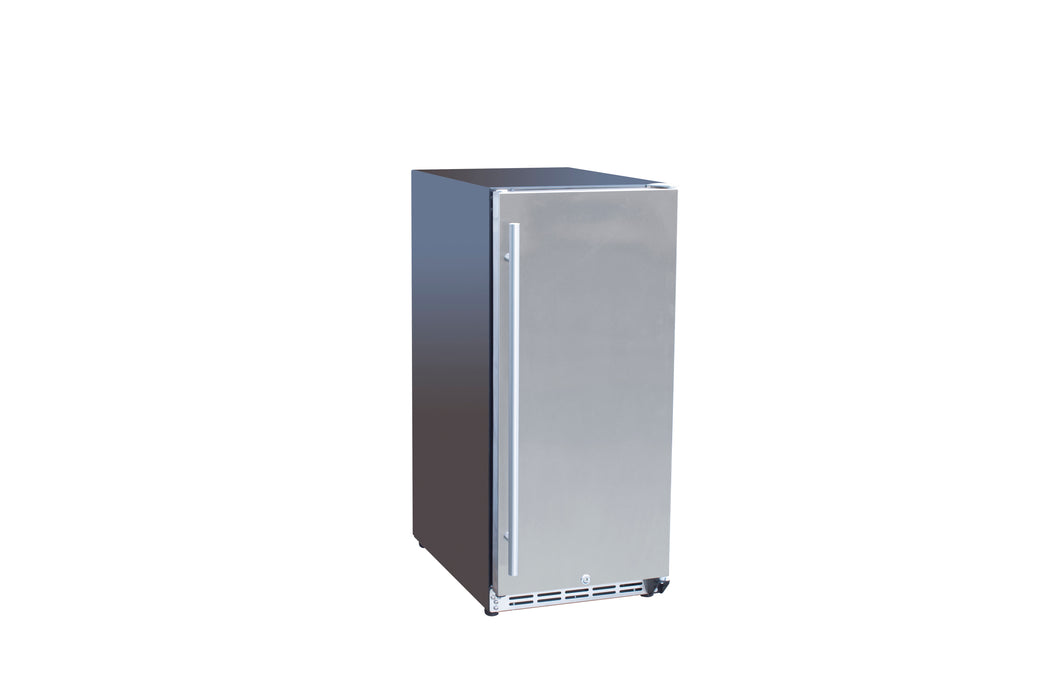 Stono Outdoor Living The TrueFlame 15" 3.2 Cu. Ft. Outdoor Rated Refrigerator (AMD-RFR-15S) by TrueFlame is a silver, compact, single-door stainless steel fridge with a plain design, shown against a white background.
