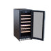 Stono Outdoor Living The TrueFlame 15" 3.2 Cu. Ft. Outdoor Rated Single Zone Wine Cooler (AMD-RFR-15W) features a sleek black design with a glass door and multiple wooden shelves, ideal for storing wine in your outdoor kitchen, shown here on a white background.