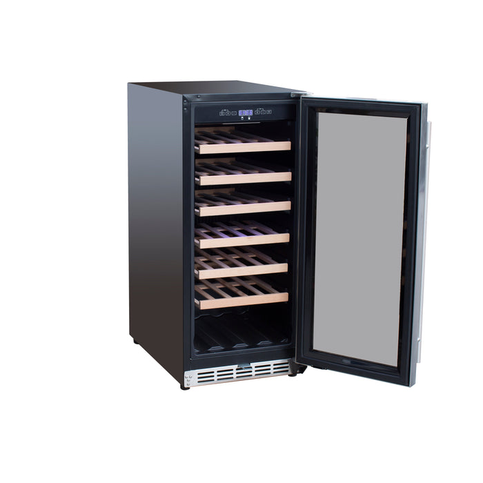 Stono Outdoor Living The TrueFlame 15" 3.2 Cu. Ft. Outdoor Rated Dual Zone Wine Cooler (AMD-RFR-15WD) features a black exterior, glass door, and wooden shelves for bottle storage—ideal for outdoor use and shown against a white background.