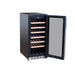 Stono Outdoor Living The TrueFlame 15" 3.2 Cu. Ft. Outdoor Rated Dual Zone Wine Cooler (AMD-RFR-15WD) features a black exterior, glass door, and wooden shelves for bottle storage—ideal for outdoor use and shown against a white background.