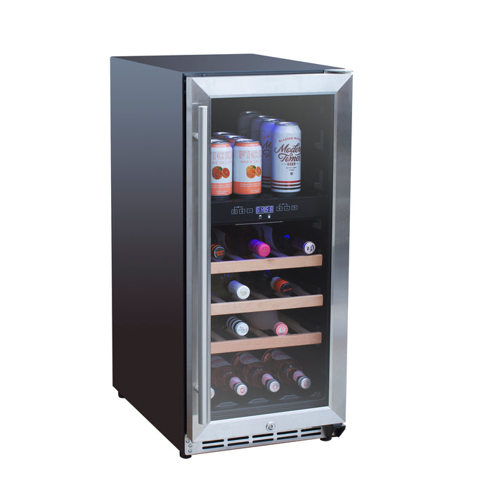 Stono Outdoor Living The TrueFlame 15" 3.2 Cu. Ft. Outdoor Rated Single Zone Wine Cooler (AMD-RFR-15W) is a compact stainless steel appliance with a glass door, displaying canned drinks on the top shelf and wine bottles on three wooden shelves, against a white background.