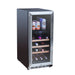Stono Outdoor Living The TrueFlame 15" 3.2 Cu. Ft. Outdoor Rated Dual Zone Wine Cooler (AMD-RFR-15WD) is a stainless steel unit with a glass door, storing cans on the top shelf and wine bottles horizontally on three wooden racks below.