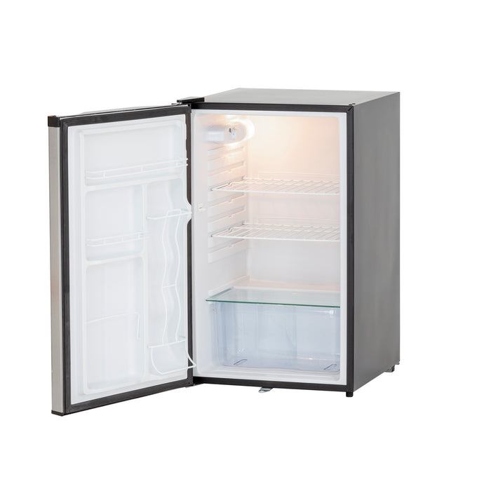 Stono Outdoor Living The TrueFlame 22" 4.1c Deluxe Outdoor Approved Fridge (AMD-RFR-22D) features a sleek stainless steel door, empty shelves, a clear bottom drawer, and a small top freezer—perfect for outdoor kitchens.