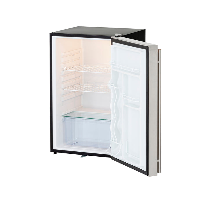 Stono Outdoor Living The TrueFlame 22" 4.1c Deluxe Outdoor Approved Fridge (AMD-RFR-22D) features an upgraded stainless steel door and handle, open to reveal wire shelves, a clear bottom drawer, and door storage—ideal for any outdoor kitchen. Plain white background.