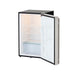 Stono Outdoor Living The TrueFlame 22" 4.1c Deluxe Outdoor Approved Fridge (AMD-RFR-22D) features an upgraded stainless steel door and handle, open to reveal wire shelves, a clear bottom drawer, and door storage—ideal for any outdoor kitchen. Plain white background.