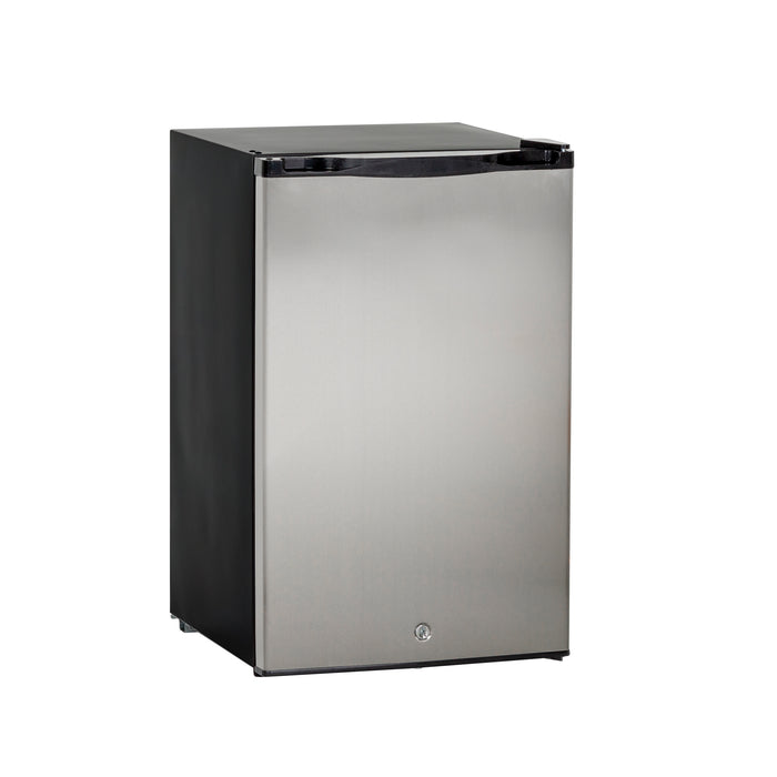 Stono Outdoor Living The TrueFlame 22" 4.1c Outdoor Approved Fridge (AMD-RFR-22S) features stainless steel doors, black top and sides, a reversible door with lock, and stands closed on a white background.
