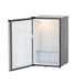 Stono Outdoor Living The TrueFlame 22" 4.1c Outdoor Approved Fridge (AMD-RFR-22S) with stainless steel reversible door and lock sits against a white background, opened to reveal empty shelves, a clear crisper drawer, and an interior light.