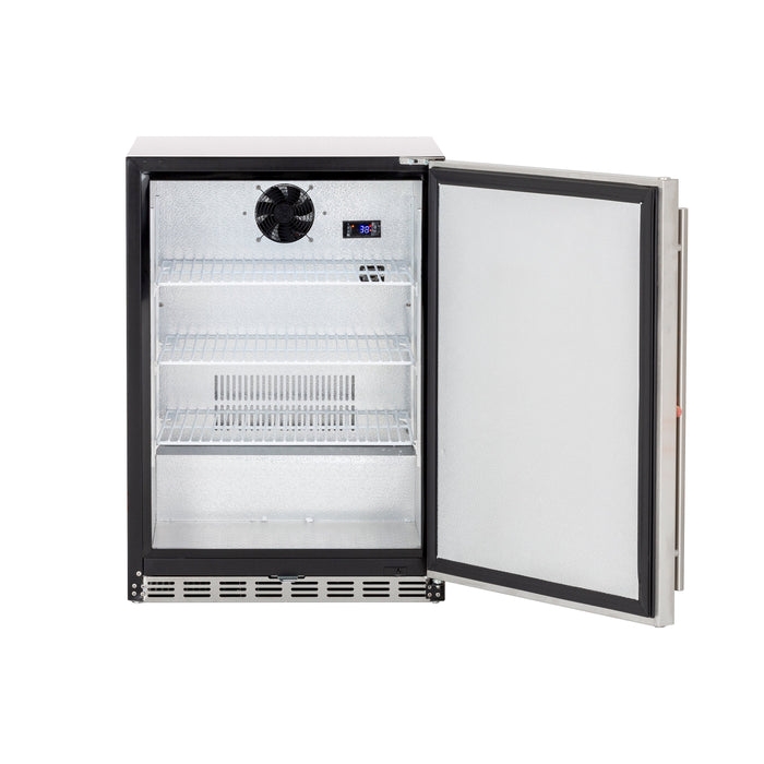 Stono Outdoor Living The TrueFlame 24" 5.3 Cu. Ft. Deluxe Outdoor Rated Refrigerator (TF-RFR-24D-R) features a stainless steel door, three empty shelves, a vent fan, and a digital temperature display—perfect for outdoor or built-in use.