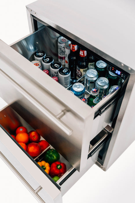 Stono Outdoor Living The TrueFlame 24" 5.1 Cu. Ft. Deluxe Outdoor Rated 2-Drawer Refrigerator (125-AMD-RFR-24DR2-A) offers two stainless steel drawers—one for cans and bottles, the other for fresh veggies—ideal for any outdoor kitchen.
